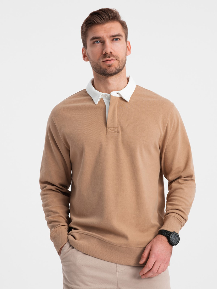 Bluza męska z białym kołnierzykiem polo - jasnobrązowa V8 OM-SSNZ-0132