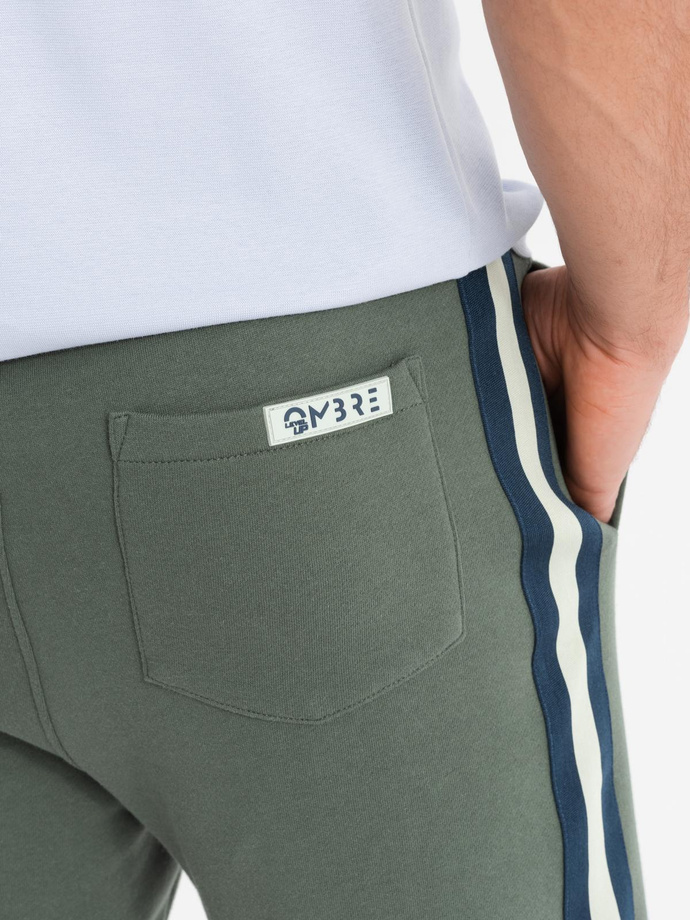 Men's sweat shorts with piping and drawstring waistband - olive V2 OM-SRSK-0156