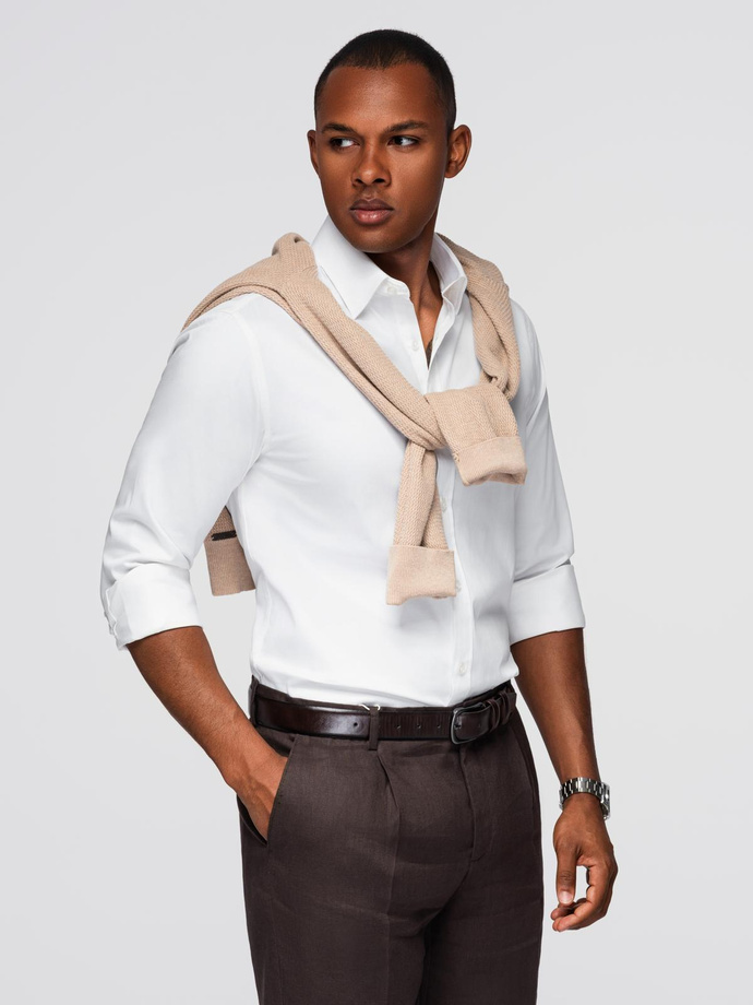 Classic men's SLIM FIT shirt in satin fabric - white V1 OM-SHOS-0176