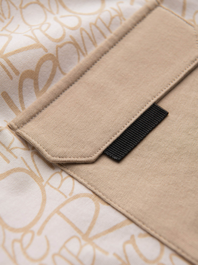 Men's cotton t-shirt with letter print and pocket - cream and brown V1 OM-TSFP-0188
