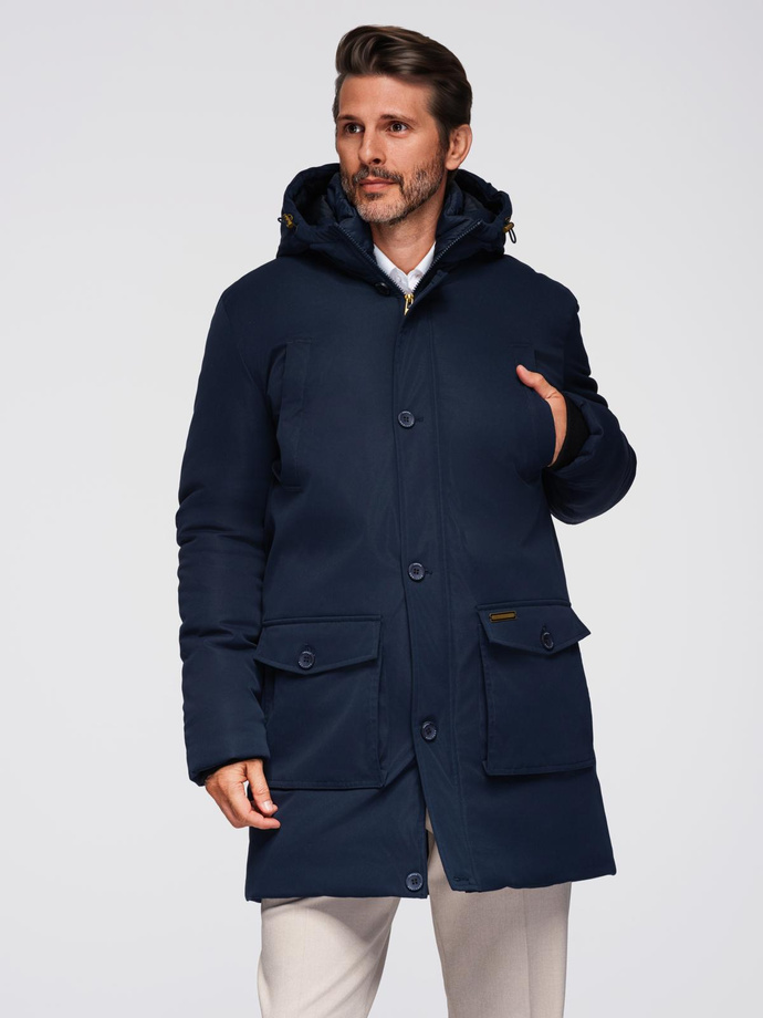 Elegancka męska parka  z kieszeniami cargo i kapturem – granatowa V2 OM-JAPJ-0287