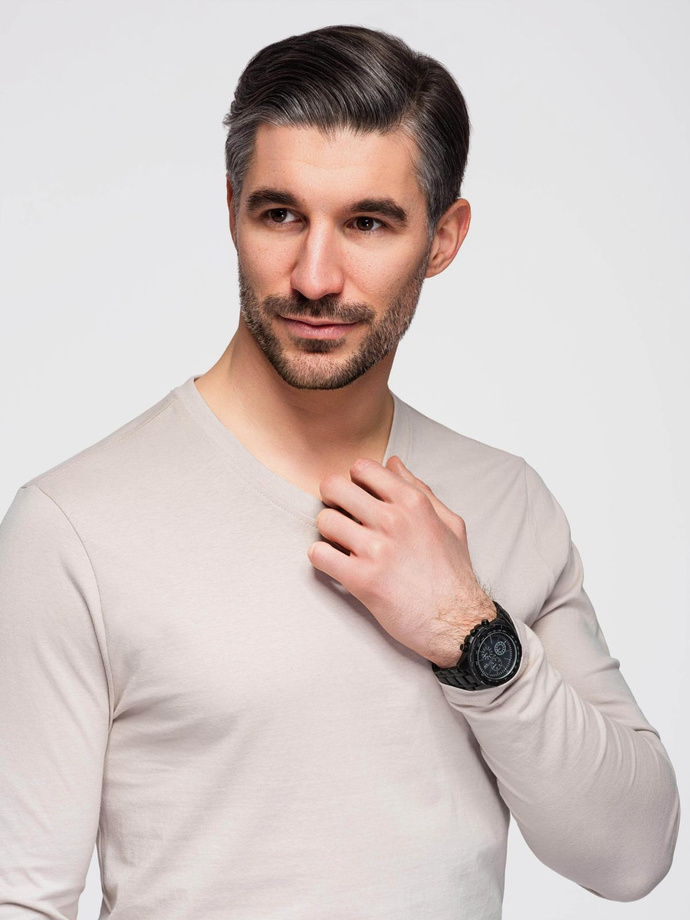 Men's unprinted longsleeve with v-neck - light beige V1 OM-LSBL-0108