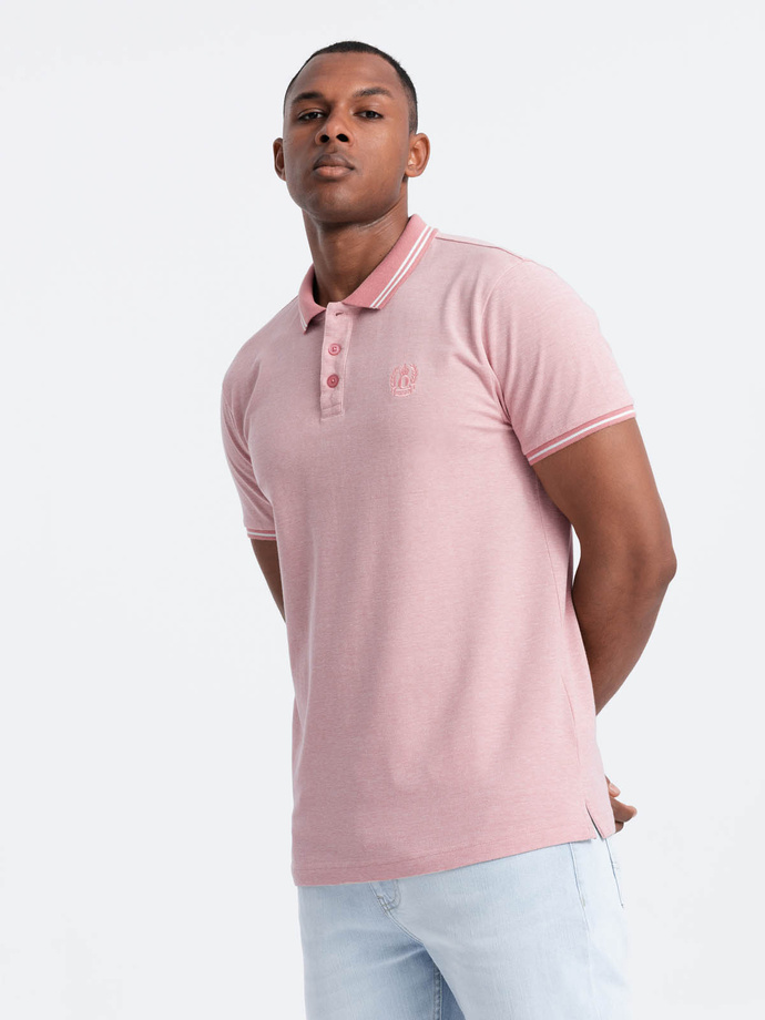 Melange men's polo shirt with striped collar - pink V2 OM-POSS-0109