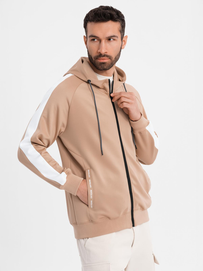 Unzipped men's hooded sweatshirt with piping - beige V4 OM-SSZP-0210