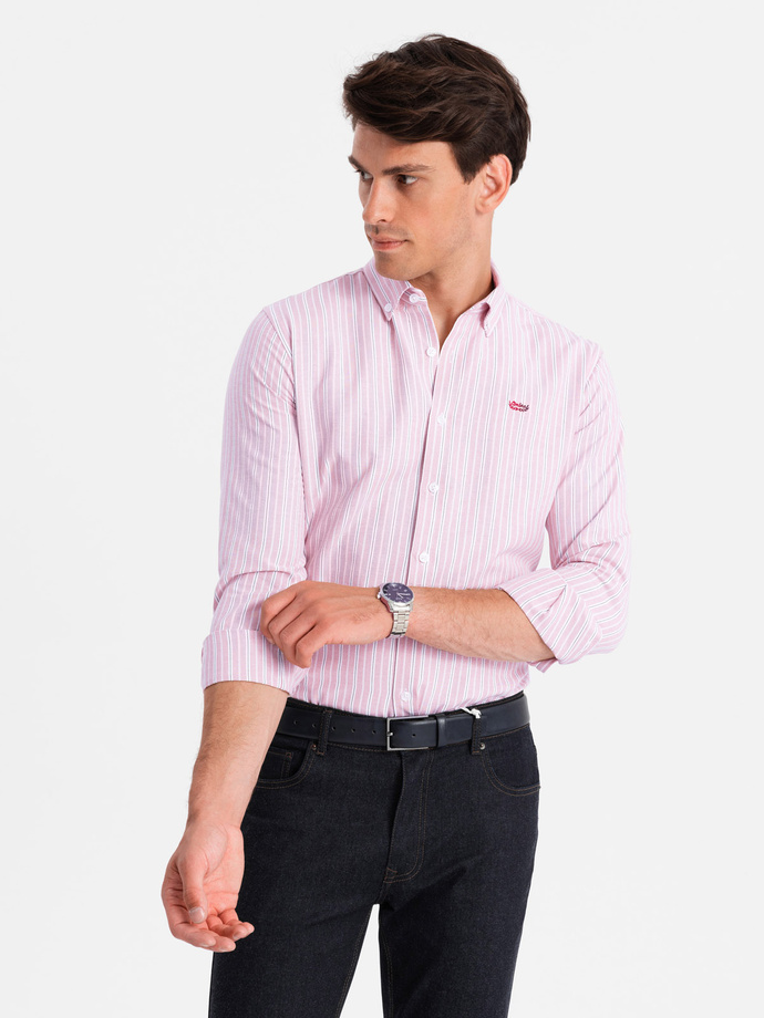 Men's cotton REGULAR FIT shirt with fine stripes - pink V2 OM-SHOS-0170