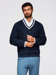 Men's plaid sweater with crew neckline - navy blue V2 OM-SWSW-0151