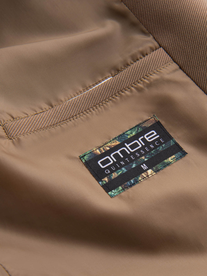 Płaszcz męski z kapturem w delikatny prążek - kawowy V1 OM-COSC-0112