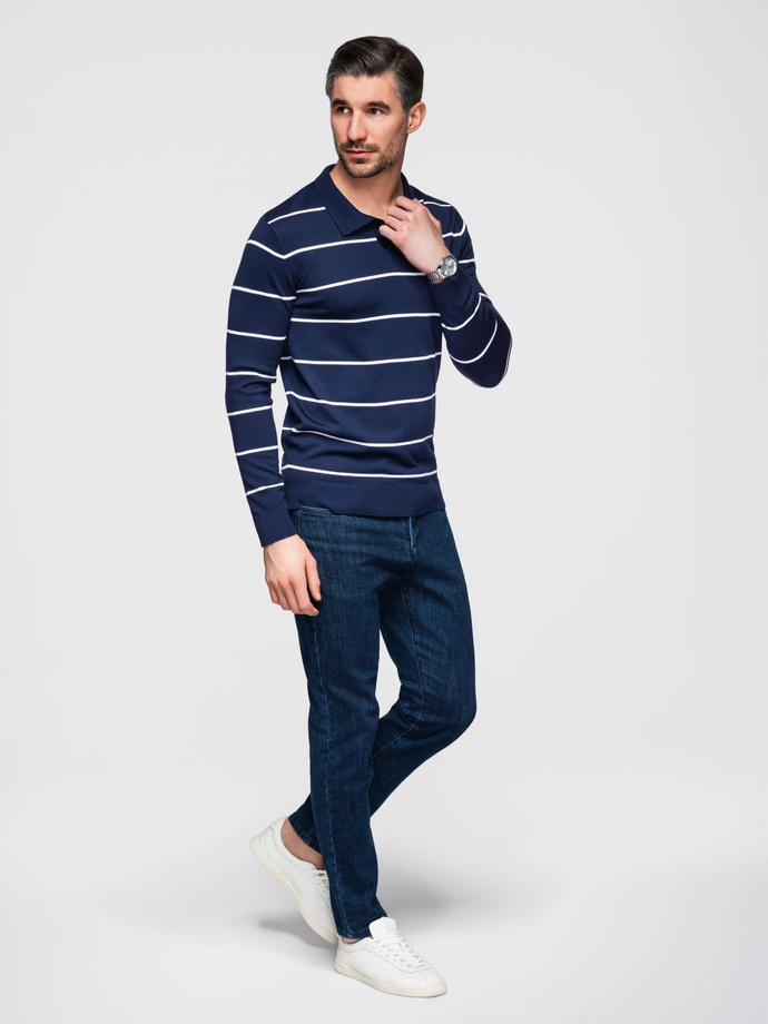 Men's horizontal striped polo longsleeve with viscose - navy blue and white V1 OM-POLS-0146