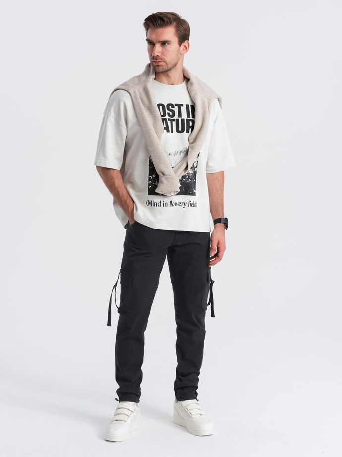 Spodnie męskie cargo STRAIGHT LEG z paskami na kieszeniach – czarne V4 OM-PACG-0197