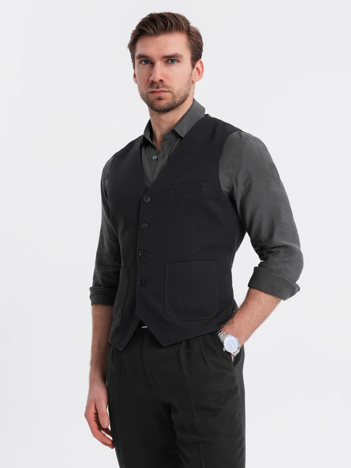Fitted structured men's vest with patch pockets - black V1 OM-BLZV-0146