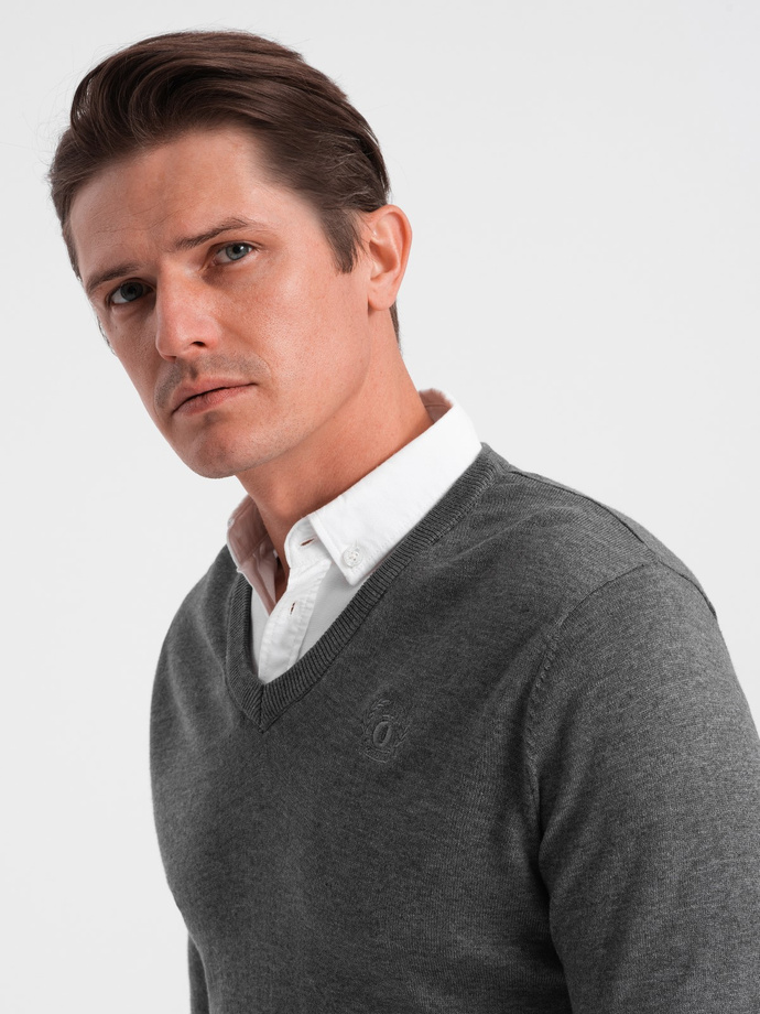 Men's sweater with a "v-neck" neckline with a shirt collar - graphite V3 OM-SWSW-0102