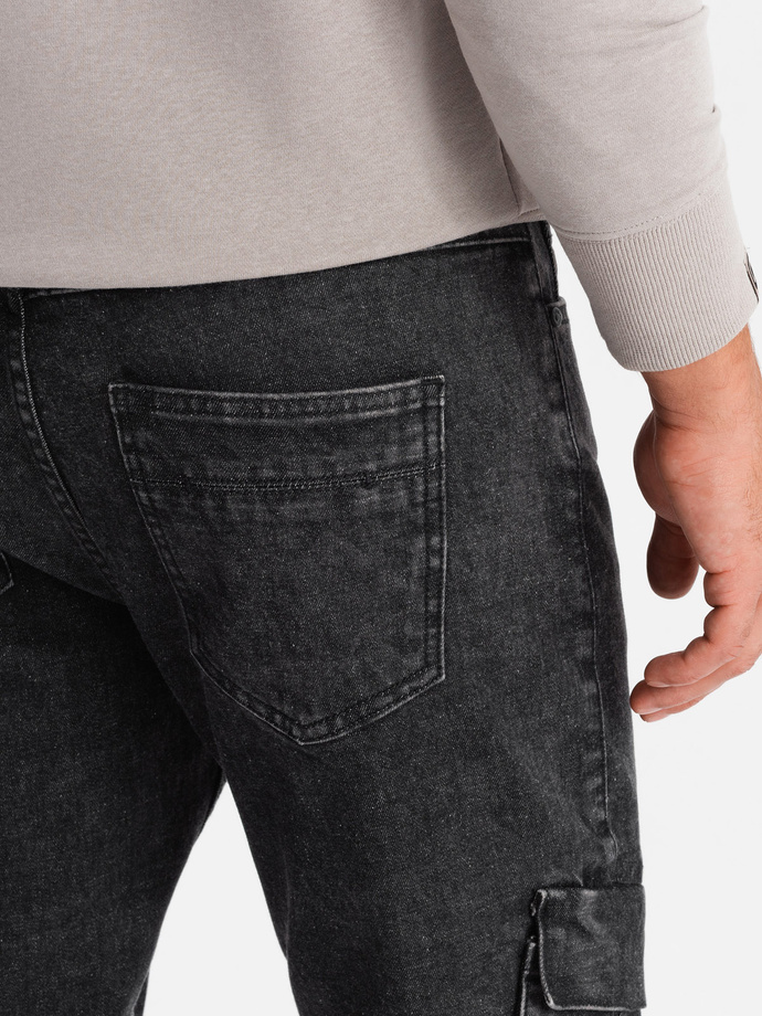 Jeansowe spodnie cargo SLIM FIT z efektem wybielania – czarne V2 OM-PADP-0176