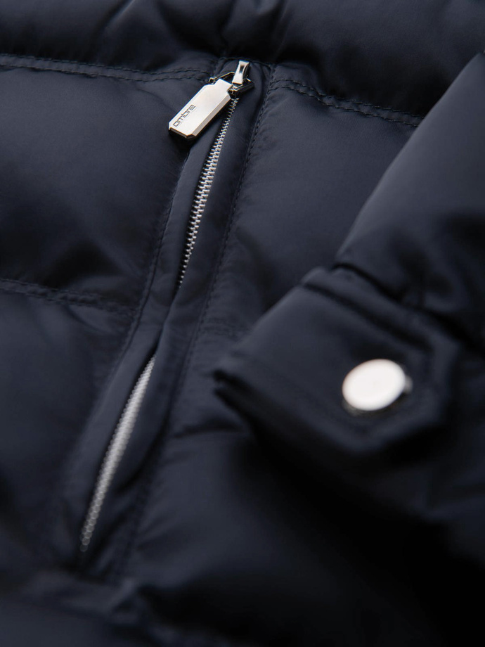 Men's quilted jacket with sheen and stand-up collar - dark blue V2 OM-JALP-0218