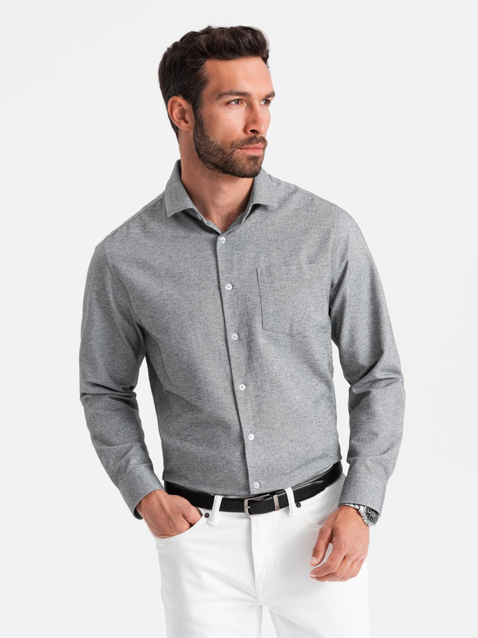 Koszula męska z kieszenią REGULAR FIT - szary melanż V3 OM-SHCS-0148