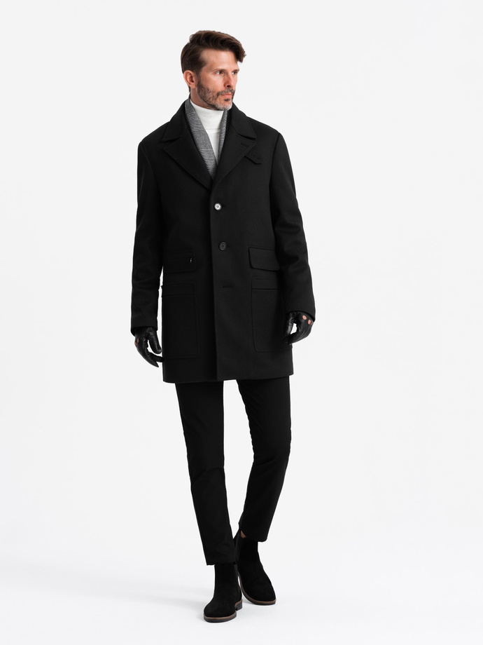 Men's single-breasted patterned coat with pockets - black V2 OM-COWC-0108