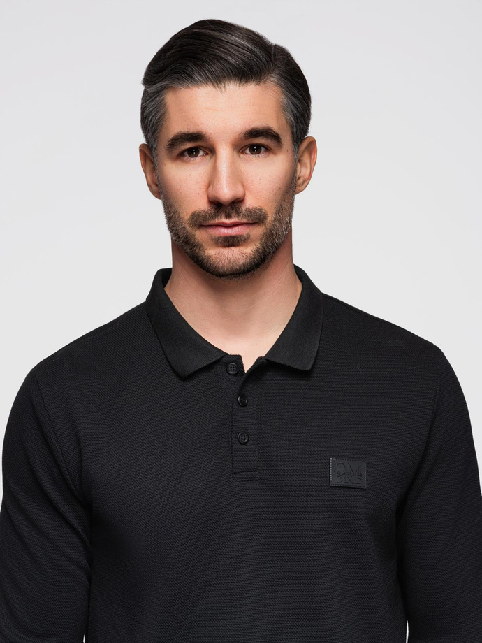 Structured men's polo longsleeve with patch - black V1 OM-POLS-0131
