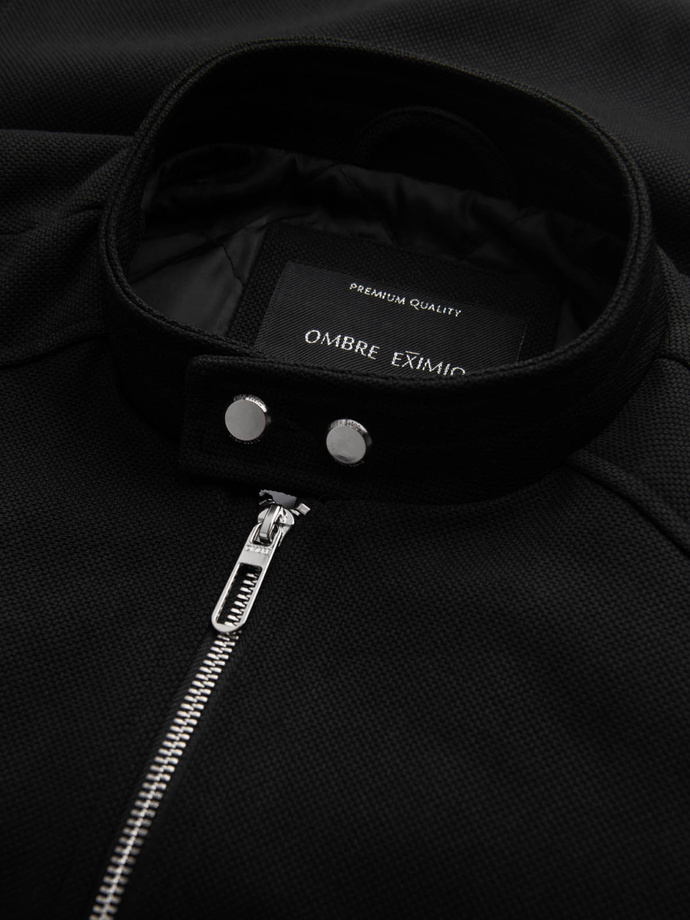 Kurtka męska typu biker ze stójką i kieszeniami – czarna V2 OM-JALP-0157