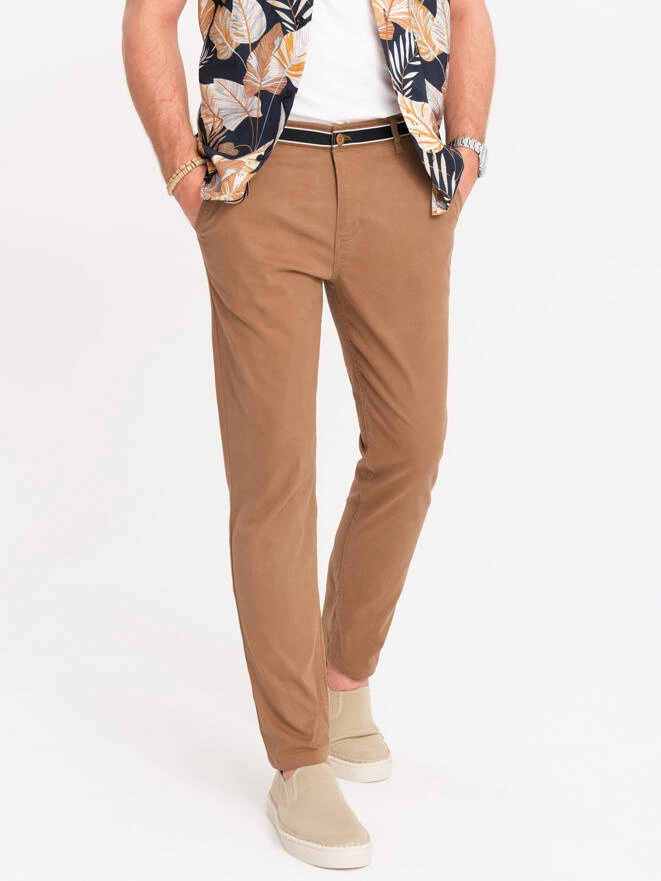Men's chino pants with decorative waistband - brown V4 OM-PACP-0118