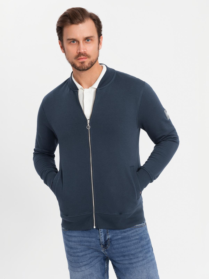 Men's unbuttoned cotton sweatshirt bomber - navy blue V4 OM-SSZP-0215