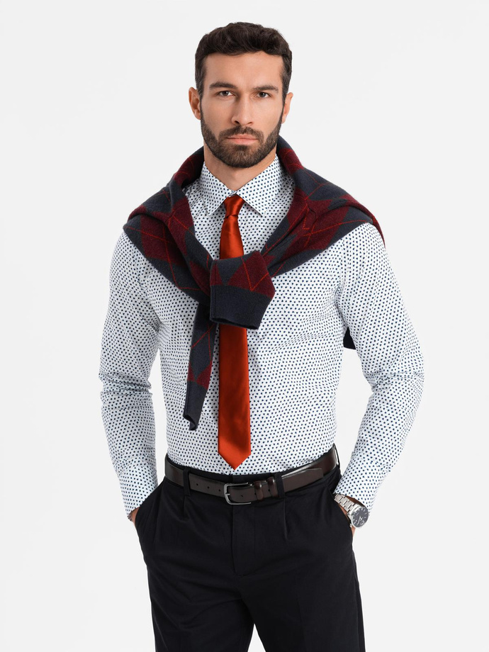 Męska koszula w drobny wzór SLIM FIT - biała V2 OM-SHCS-0140