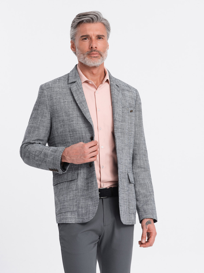 Marynarka męska o kroju REGULAR z lnem - grafitowa V5 OM-BLZB-0128