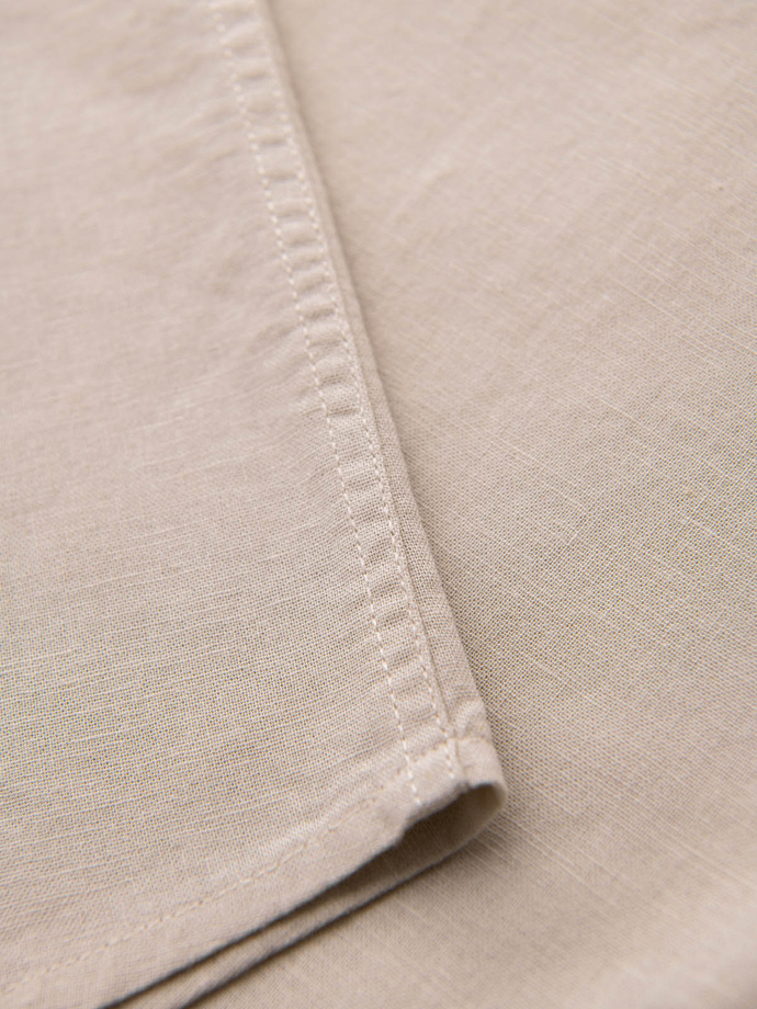 Koszula męska z lnu i bawełny z krótkim rękawem i kieszonką – beżowa V4 OM-SHSS-0167