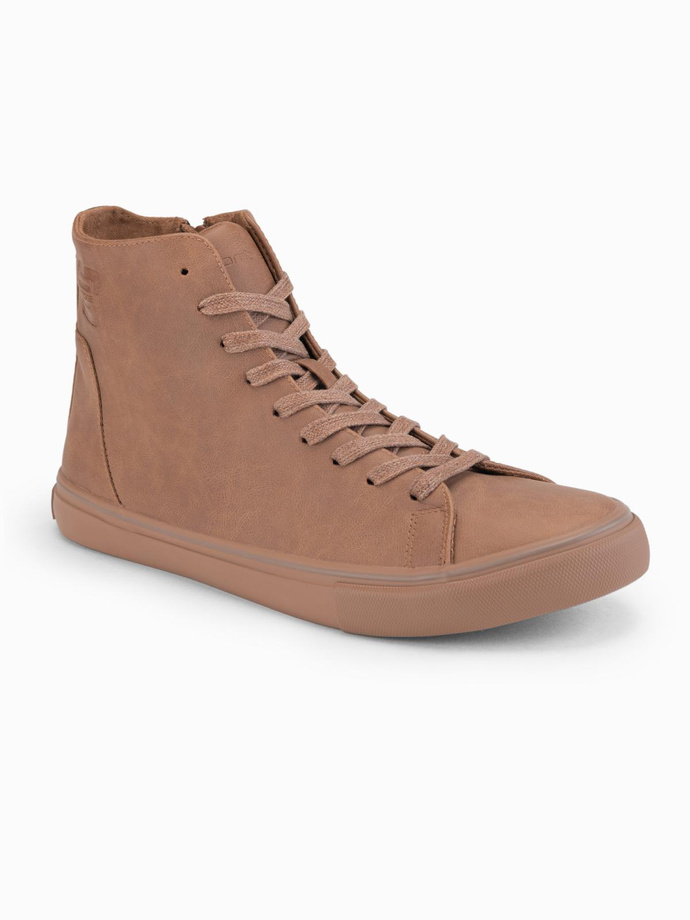 Men's high-top sneakers with matte texture and embossed logo - light brown V3 OM-FOTH-0185
