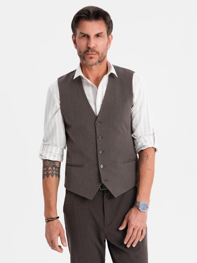 Męska elegancka kamizelka w jodełkę SLIM FIT  - grafitowa V2 OM-BLZV-0143