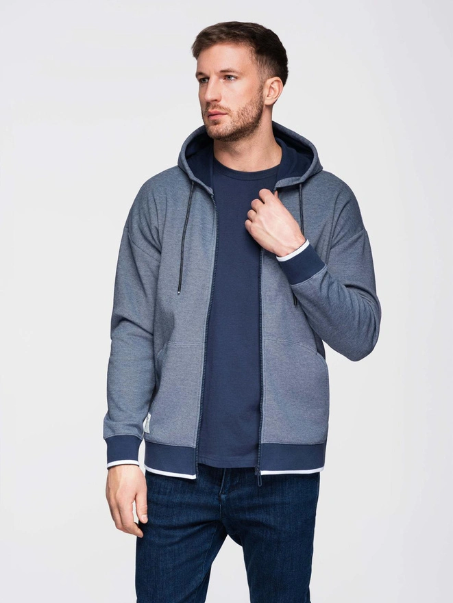 Men's soft-textured hooded sweatshirt - navy blue V2 OM-SSZP-0191