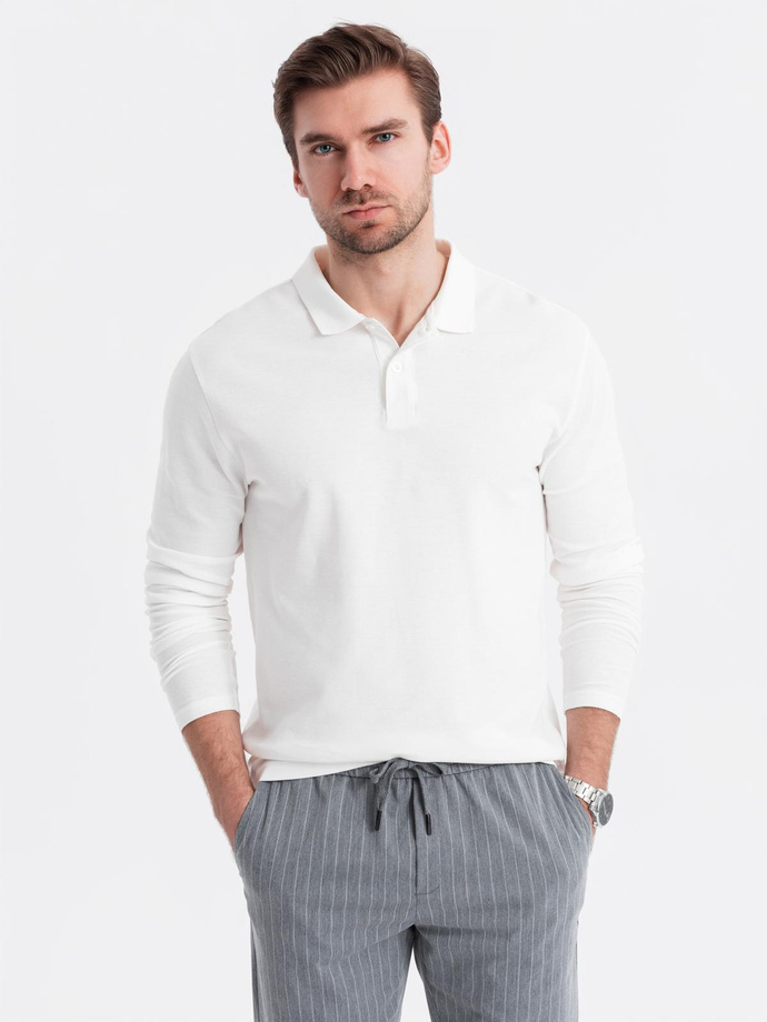 Longsleeve męski BASIC z kołnierzykiem polo – biały V1 OM-POBL-0114