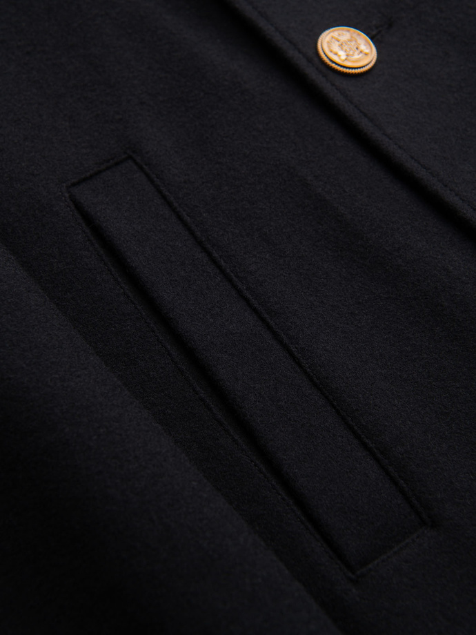 Dwurzędowy męski płaszcz z wełną z ozdobnymi aplikacjami – czarny V1 OM-COWC-0147