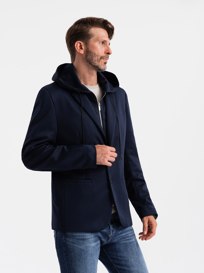 Men's blazer with detachable underlining and hood - navy blue V2 OM-BLZB-0126