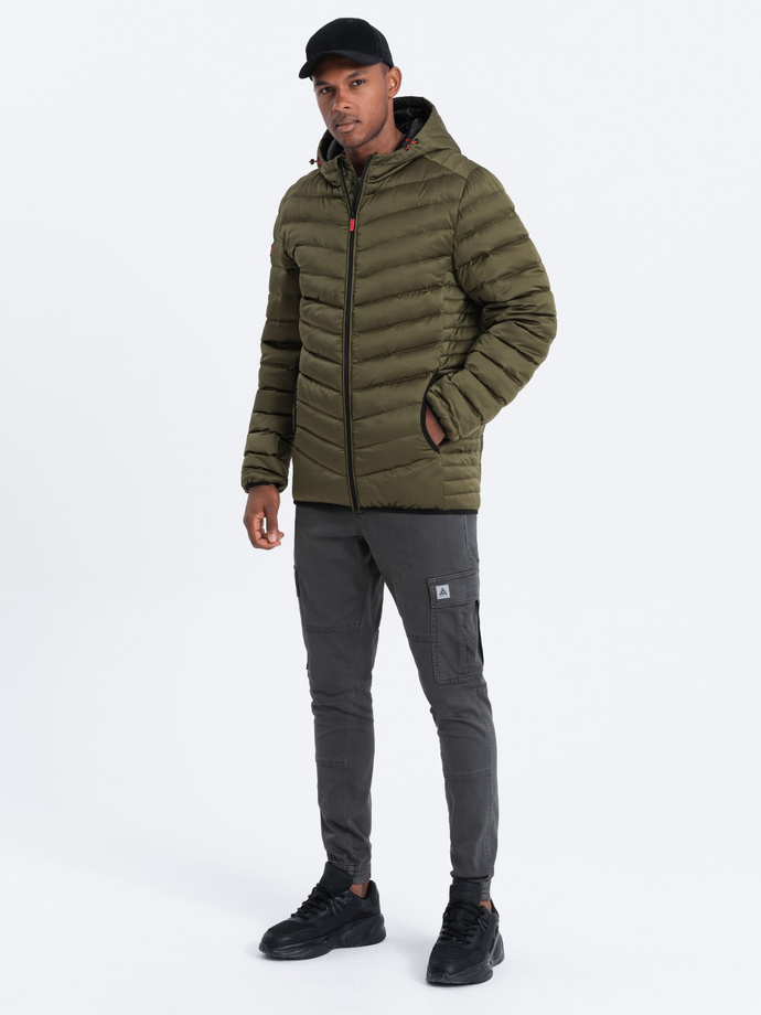 Men's quilted jacket with satin finish - dark olive green V13 OM-JALP-0121