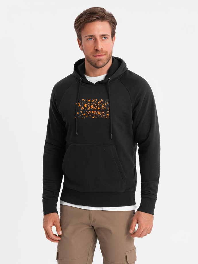 Bluza kangurka męska z kapturem i nadrukiem - czarna V2 OM-SSPS-0155