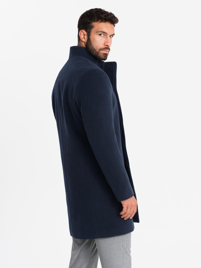 Men's coat with asymmetrical fastening and high collar - navy blue V3 OM-COWC-0120