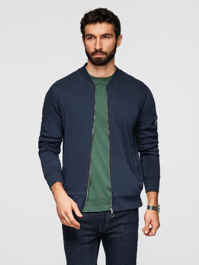 Men's unbuttoned cotton sweatshirt bomber - navy blue V4 OM-SSZP-0215
