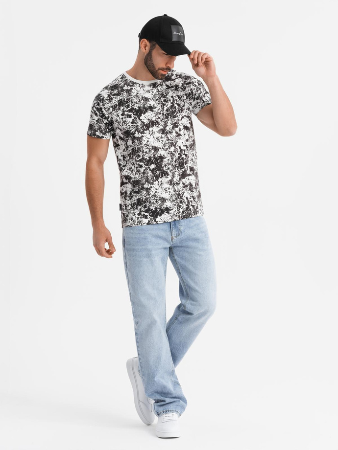 Men's patterned cotton short sleeve T-shirt - white and black V2 OM-TSFP-0223