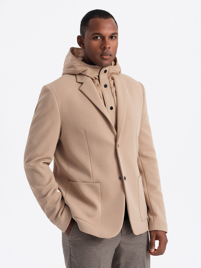 Men's jacket with high collar and hood - light brown V1 OM-BLZB-0133