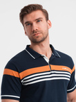 Fitted men's polo shirt with two-tone stripes - navy blue V1 OM-POSS-0127