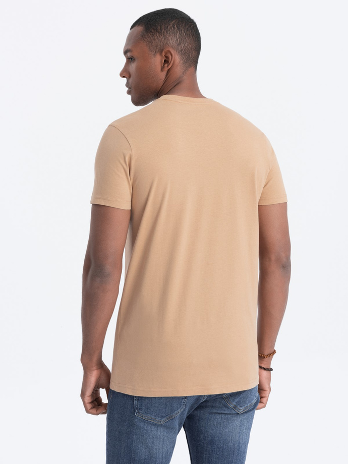 T-shirt męski bawełniany z nadrukiem na kieszonce - jasnobrązowy V6 S1742