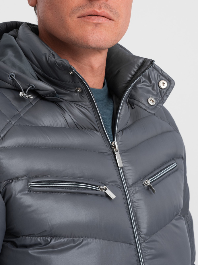 Heavily insulated quilted men's jacket with detachable hood - graphite V3 OM-JAHP-22FW-010