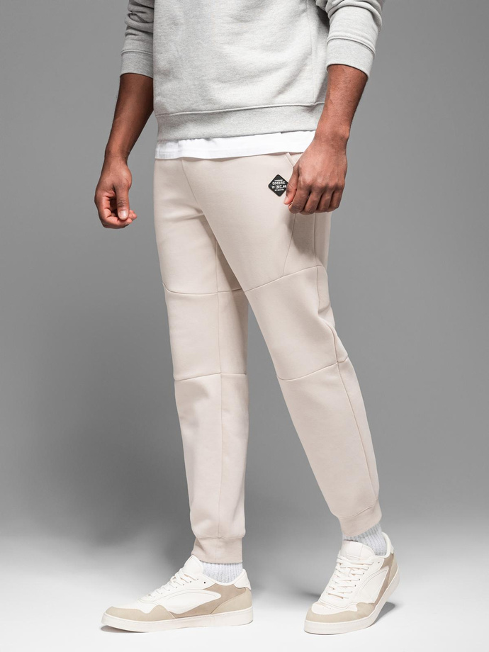 Men's sweatpants with ribbed cuffs and decorative zipper - sand V6 OM-PASK-0226