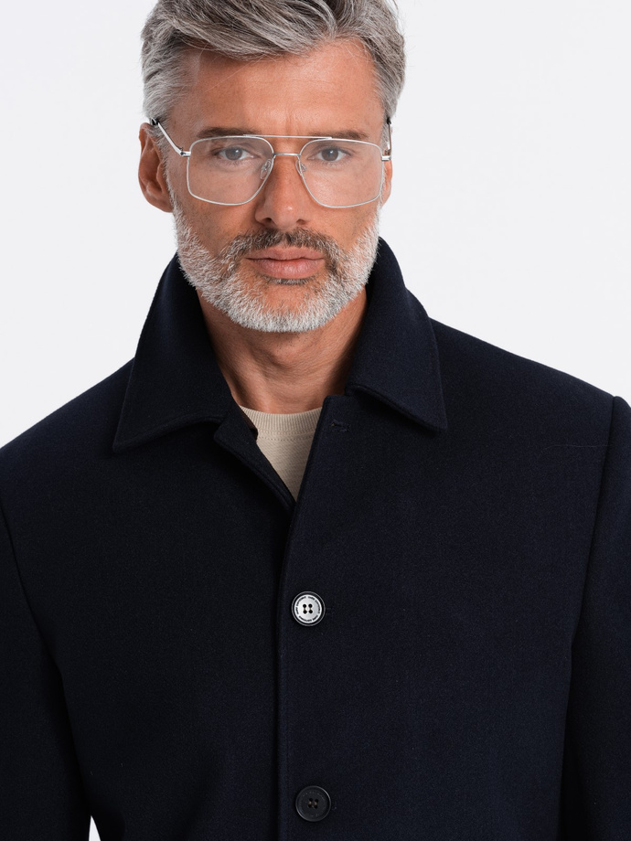 Men's long single-breasted coat with collar and undercoat - navy blue V3 OM-COWC-0106