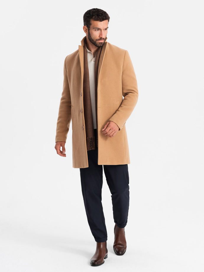 Single-breasted long men's suit style coat - light brown V3 OM-COWC-0105