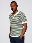 Men's knitted buttonless polo shirt with navy stripes - white and olive V3 OM-POSS-0161