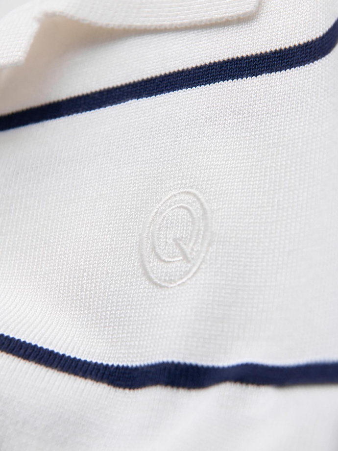 Men's horizontal striped polo longsleeve with viscose - white and navy blue V2 OM-POLS-0146