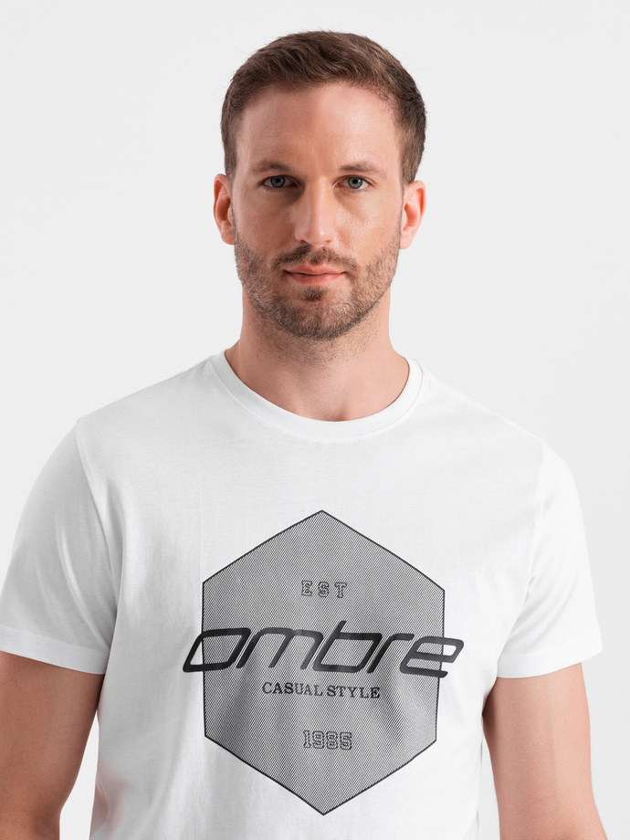 T-shirt męski bawełniany z nadrukiem geometrycznym i logotypem - biały V1 OM-TSPT-0141
