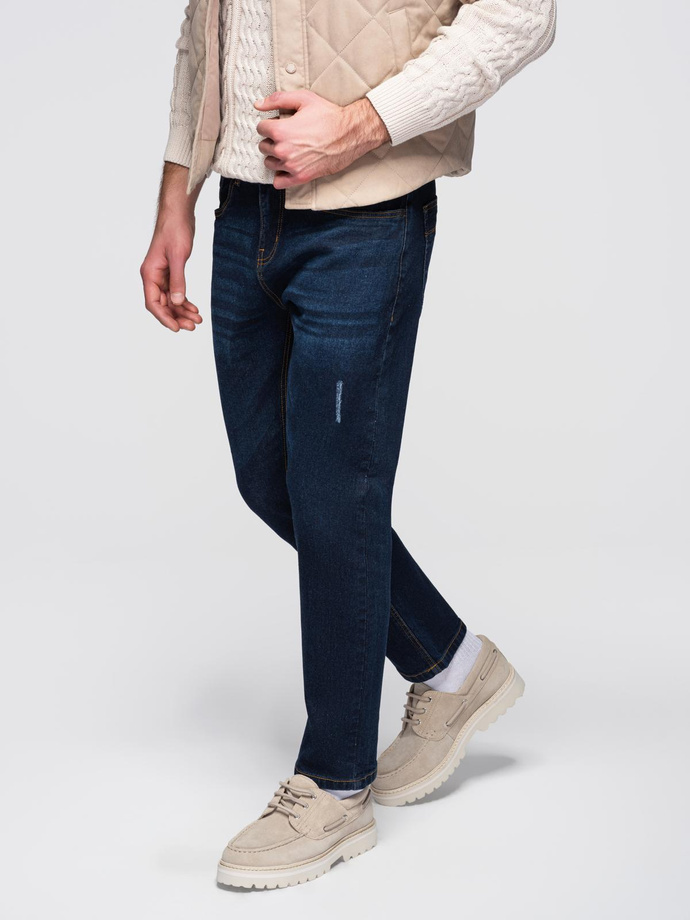 Spodnie męskie jeansowe z przetarciami REGULAR FIT - ciemnoniebieskie V4 OM-PADP-0241