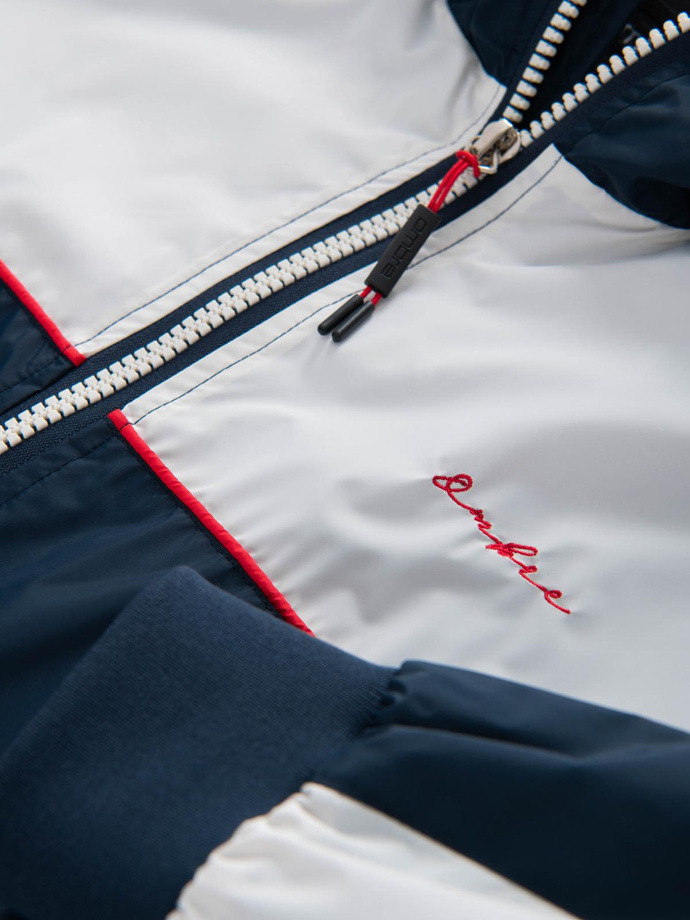 Męska kontrastowa kurtka wiatrówka z kapturem - granatowo-biała V1 OM-JANP-0228