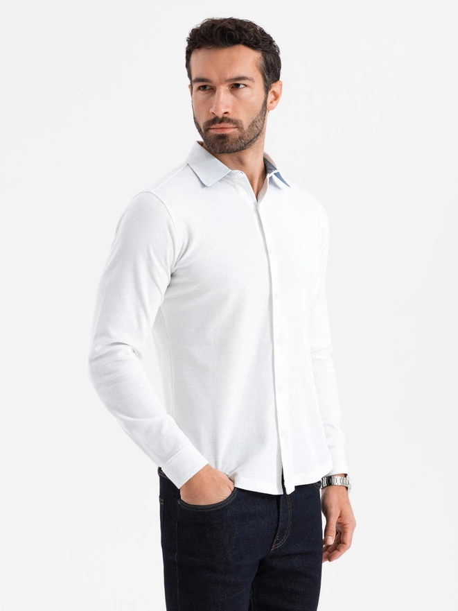 Men's knitted SLIM FIT long sleeve shirt - white V1 OM-SHCS-0177